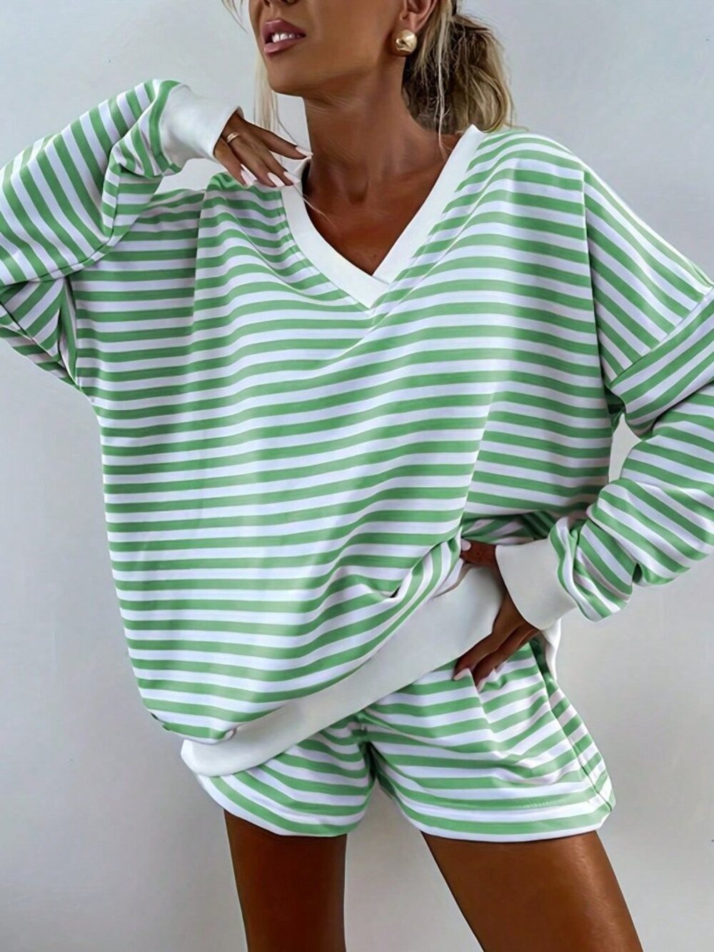 Green Elegant Women's Set V Neck Stripes Long Sleeves Loose Top & Shorts Set